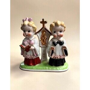 Vintage 1950s Spaghetti Trim Choir Boy & Girl Figurine MCM Japan Religious Decor